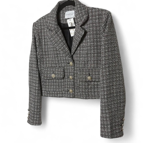 Dee Dee Cropped Tweed Blazer Jacket Black White Pink Pearl Buttons NWT - Picture 2 of 8